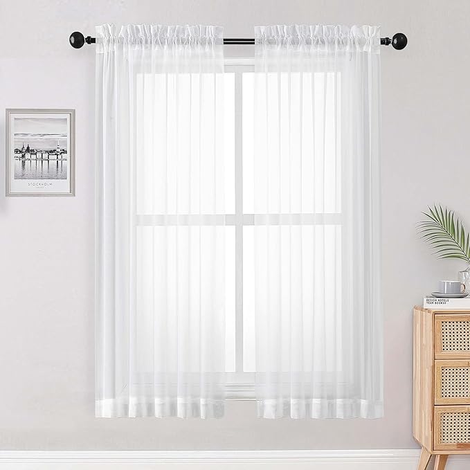 OWENIE White Sheer Curtains 68 Inch Length 2 Panels Set for Bedroom Living Room, Light Filtering Voile Sheer Curtains, Airy Rod Pocket Farmhouse Curtain, White, Each 42Wx68L inch
