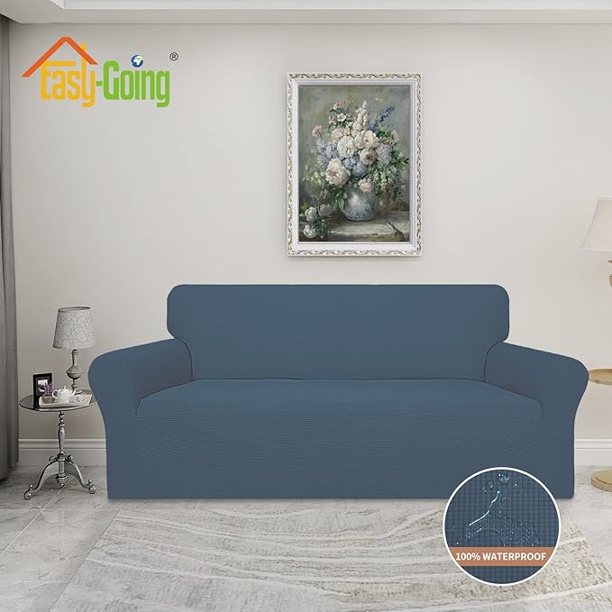 Easy-Going 100% Waterproof Couch Cover, Dual Waterproof Sofa Cover, Stretch Jacquard Sofa Slipcover, Leakproof Furniture Protector for Kids, Pets, Dog and Cat (Sofa, Bluestone)
