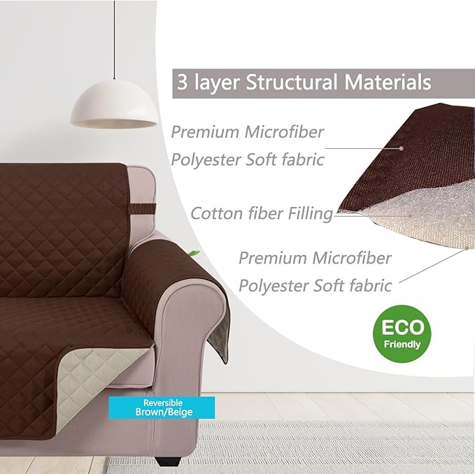 U-NICE HOME Large Sofa Cover Reversible Couch Cover for Dogs with Elastic Straps Water Resistant Furniture Protector for Pets Couch Cover for 4 Cushion Couch (Oversized Sofa, Brown/Beige)