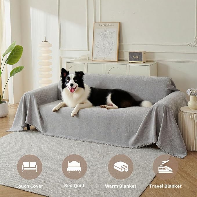 Couch Cover for Dogs, Boho Sofa Covers for 3 Cushion Couch, Chenille Sofa Slipcover for Pets Washable, L-Shape Sectional Couch Cover Soft Throw Blankets with Tassels(91x150,Grey)