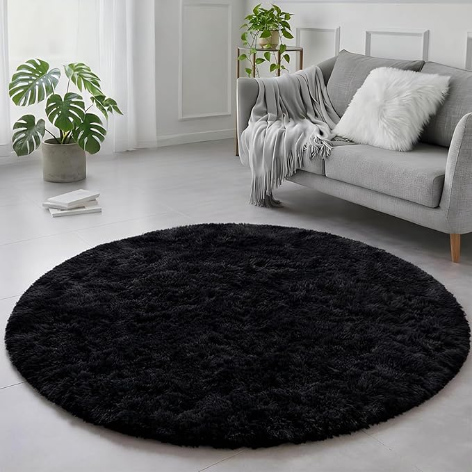 Black Round Rug 4Ft for Bedroom, Fluffy Circle Area Rugs for Living Room Decor Aesthetic, Shaggy Furry Circular Floor Carpet for Office Playroom Nursery Classroom, Modern Baby Kids Teen Boys Mens Rug