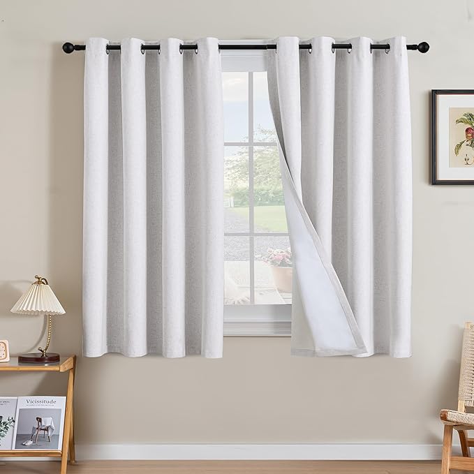 H.VERSAILTEX Linen Curtains 100% Blackout Curtains for Bedroom 54 inch Long Full Light Blocking Nature Linen Blended Window Curtains for Living Room Nickel Grommet (2 Panels, Heathered White)