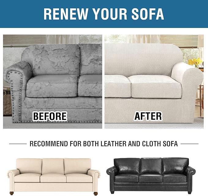 H.VERSAILTEX 4 Piece Stretch Sofa Covers for 3 Cushion Couch Covers for Living Room Furniture Slipcovers (Base Cover Plus 3 Seat Cushion Covers) Thicker Jacquard Fabric (Large Sofa, Ivory)