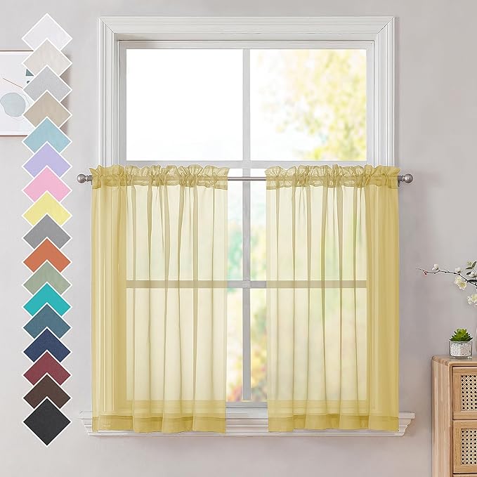 OVZME Mustard Yellow Sheer Curtains, 36 inch 2 Panels Set, Light Filtering Short Voile Curtains Drapes, Rod Pocket, 42W x 36L