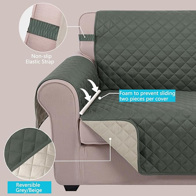 U-NICE HOME Recliner Chair Covers Reversible Chair Cover Pet Covers for Dogs with Elastic Straps Water Resistant Diamond Quilted (28''Recliner Oversized, Grey/Beige)