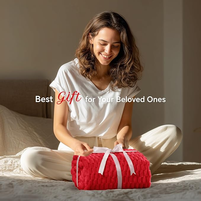 BEDELITE Fleece Twin Blanket for Couch & Bed - 3D Jacquard Decorative Red Throw, Super Soft and Cozy Warm Fuzzy Blanket All Seasons Suitable, 60x80Inches