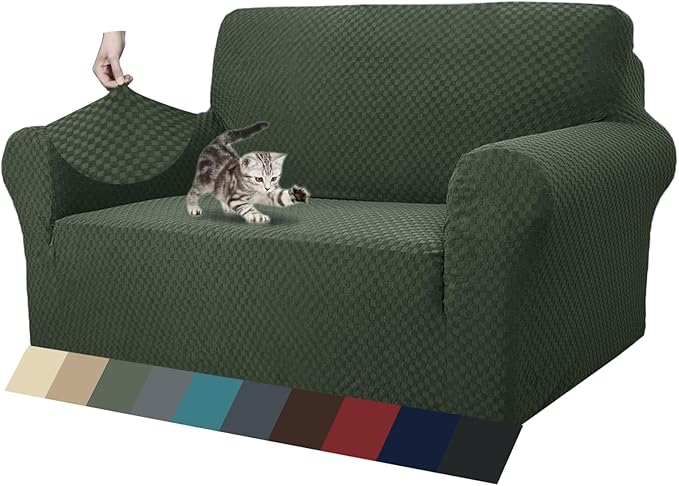 ZNSAYOTX 1 Piece Jacquard Couch Covers for 2 Cushion Couch High Stretch Loveseat Slipcover for Pets Dogs Anti Slip Love Seat Sofa Slipcover Furniture Protector (Loveseat, Army Green)