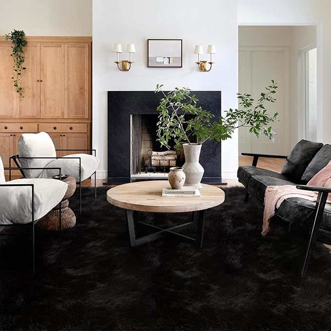 Latepis 10x14 Area Rugs for Living Room Black Fur Faux Sheepskin Rug Large Fuzzy Rugs Shaggy Fluffy Rug for Bedroom Sofa Office Entertainment Room, Rectangle
