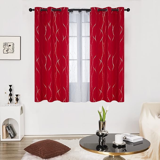 Deconovo Short Blackout Curtains, Christmas Red Curtain, Thermal Insulated Soundproof Drapes, Wave Line Dots Foil Print, 38 x 54 Inch, 2 Panels, Machine‑Washable Window Drape for Kitchen Small Window