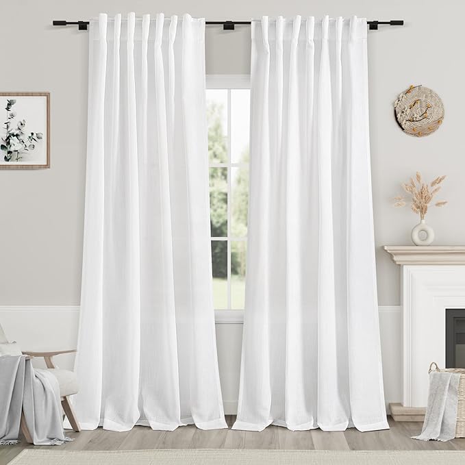 White Semi Sheer Linen Curtains 94 inch Length for Living Room Back Tab Rod Pocket Modern Farmhouse Coastal Decor Off White Cotton Textured Gauze Curtains 94 inches Long for Dining Room Office