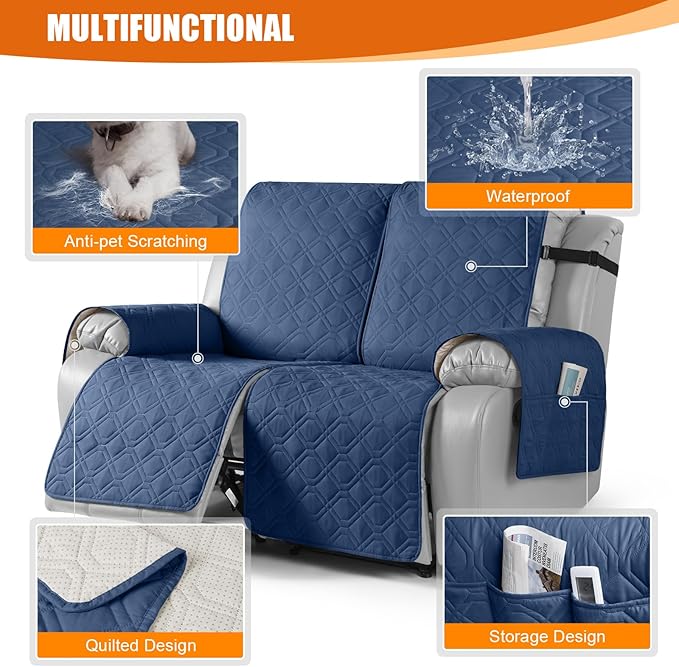 VANSOFY Waterproof Recliner Couch Covers, Sofa Covers 1-Piece Washable Reclining Sofa Cover Non-Slip Furniture Protector with Elastic Straps Pocket for Dogs, Pets(Ocean Blue,2 Seater)