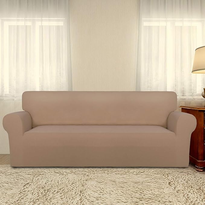 PureFit Super Stretch Sofa Slipcover – Spandex Non Slip Soft Couch Sofa Cover, Washable Furniture Protector with Non Skid Foam and Elastic Bottom for Kids, Pets （Oversized Sofa, Camel）