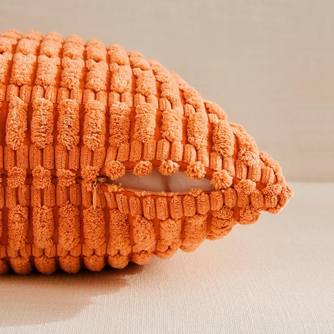 Fancy Homi 4 Packs Orange Fall Decorative Throw Pillow Covers 20x20 Inch for Couch Bed Sofa, Halloween Pumpkin Autumn Home Decor, Soft Cute Plush Corduroy Striped Cushion Case 50x50 CM