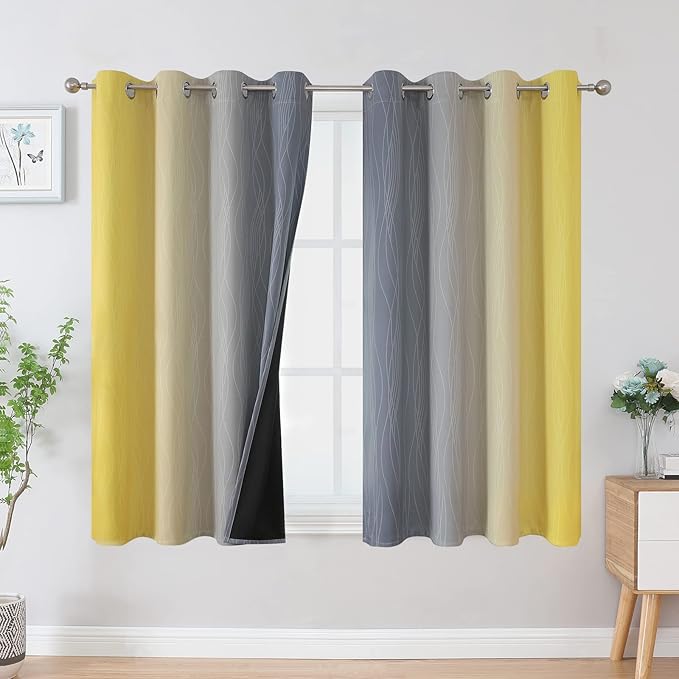 Ombre Gray and Yellow Blackout Curtains 45 Inch Length 2 panels, Full Room Darkening Curtains for Kids Room, Grommet Thermal Insulated Gradient Drapes, Light Blocking Curtains for Bedroom, 52x45 Inch