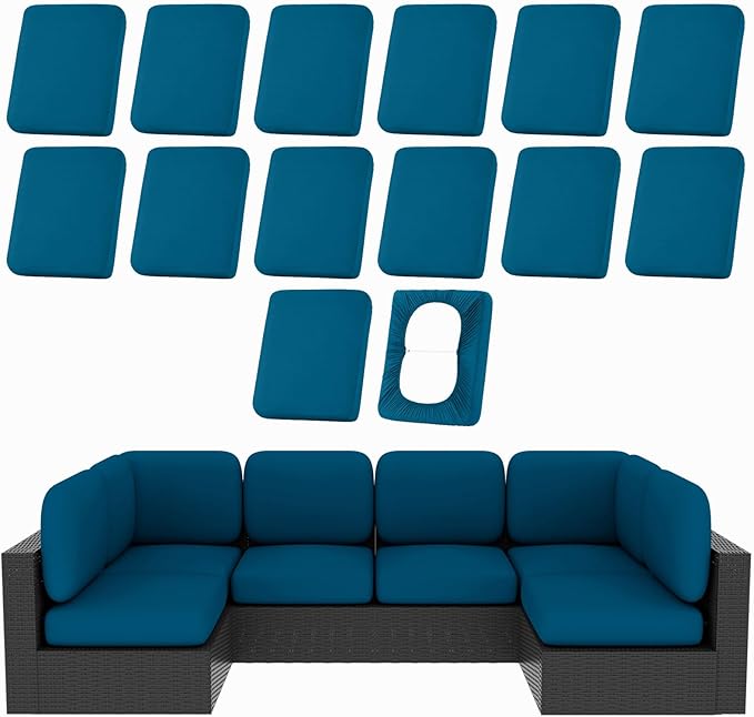 hyha 14Pcs Patio Cushion Covers, Stretch Outdoor Couch Cushion Covers, Washable Outdoor Chair/Sofa Slipcovers for Patio Furniture Cushions Protector with Elastic Bottom(Peacock Blue,Cover Only)