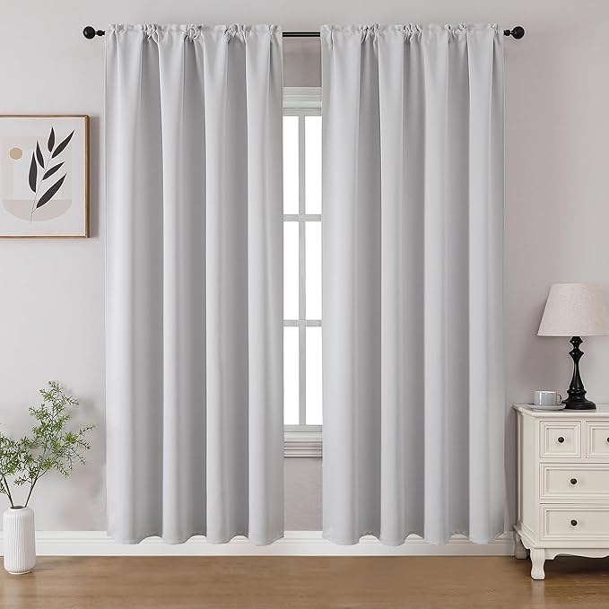 CUCRAF Grayish White Blackout Curtains 72 inch Length 2 Panels Set, Rod Pocket Room Darkening Drapes for Bedroom Living Room, Insulated Thermal Light Blocking Window Curtain (W52 x L72 Inch)