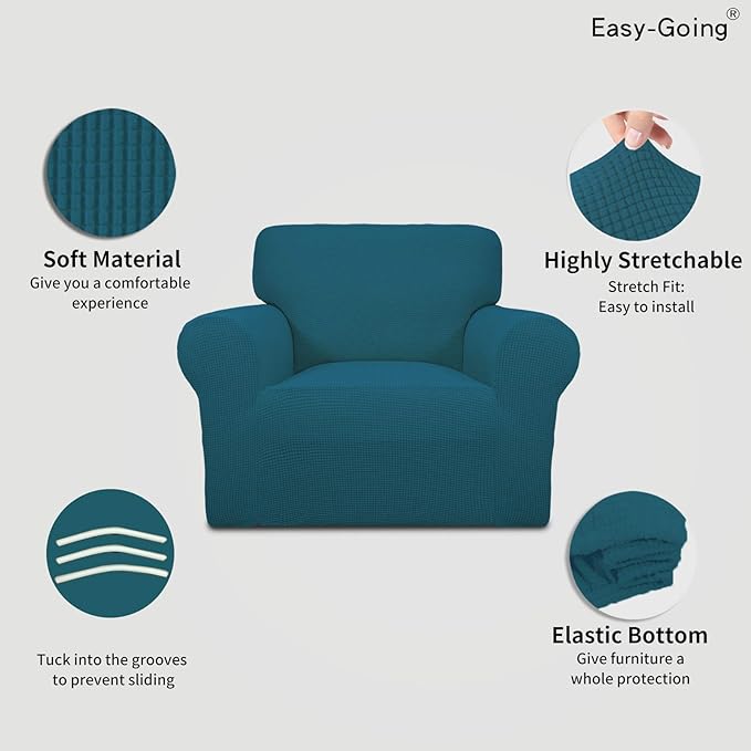 Easy-Going Stretch Chair Sofa Slipcover 1-Piece Couch Sofa Cover Furniture Protector Soft with Elastic Bottom for Kids, Pet. Spandex Jacquard Fabric Small Checks (Chair, Peacock Blue)