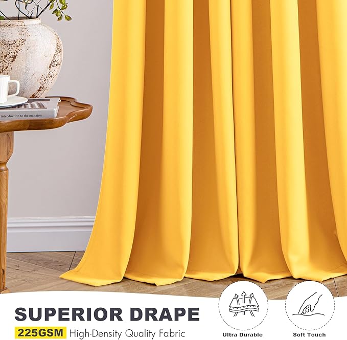MIULEE Yellow Blackout Curtains for Bedroom Living Room 63 Inches Long 2 Panels, Thermal Insulated Room Darkening Drapes Solid Grommet Noise Reduction Light Blocking Window Treatments 40x63 Inch