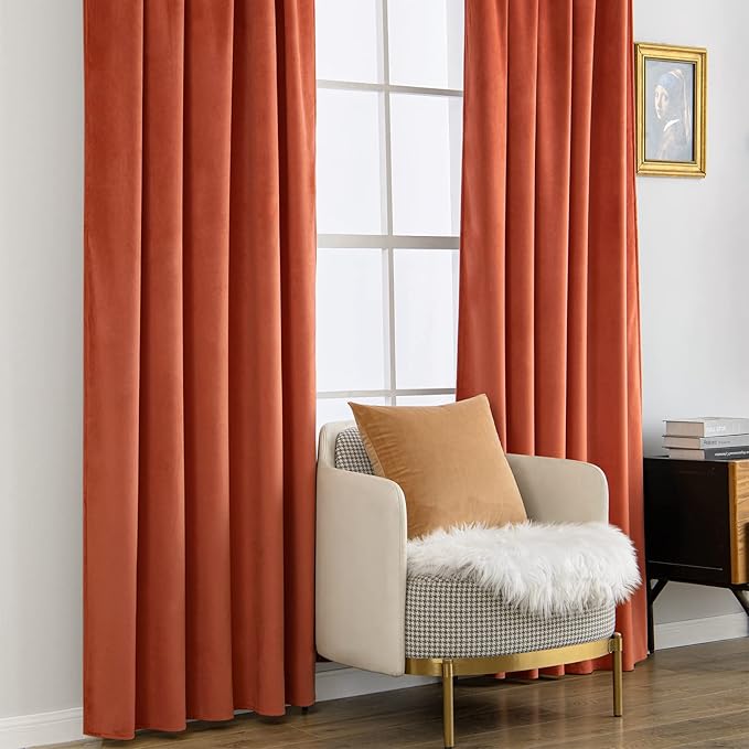 MIULEE Velvet Curtains 96 inches 2 Panels - Luxury Burnt Orange Blackout Curtains for Bedroom Living Room Thermal Insulated Super Soft Window Drapes Rod Pocket & Back Tab, Terracotta Rust Fall Decor