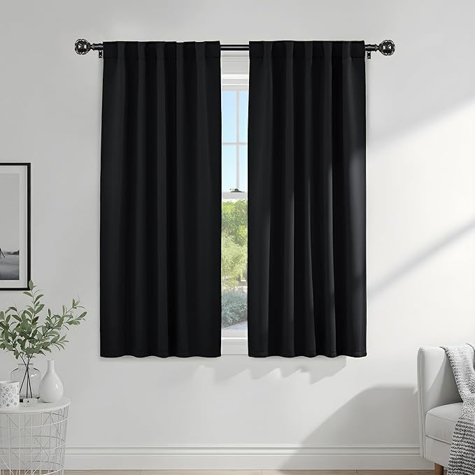 PONY DANCE Blackout Curtains 63 inch Length - Window Covering Panels Thermal Insulated Window Blinds Drapes Light Block Curtain Shades for Bedroom, 42-inch Wide by 63-inch Long, Black, 2 PCs