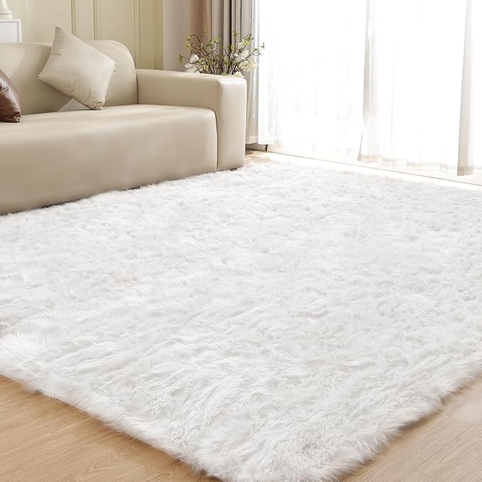 ORINOVA White Rugs for Living Room 6x9 Area Rugs for Bedroom Large Washable Faux Sheepskin Fluffy Fur Rug Nursery Rugs Room Décor