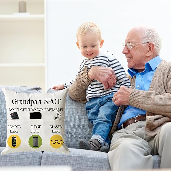 ONFAON Grandpa Gifts,Grandpa's Spot Throw Pillow Covers 18x18 Inch,Put Phone Glasses and Remote Control Pillowcase,Birthday Christmas Thanksgiving Day Gifts for Grandpa Stepdad,3-Pocket