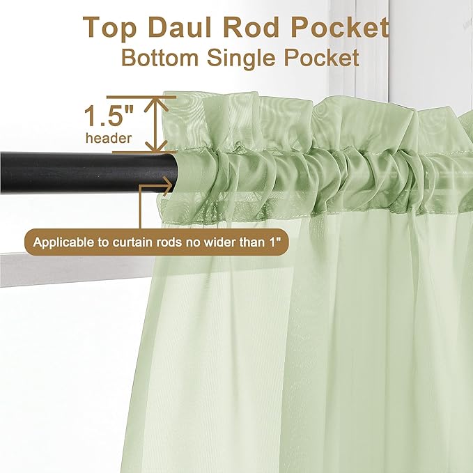 Chyhomenyc Light Green Sheer Curtains 63 Inches Long 2 Panels Set- Light Filtering Curtains for Bedroom, Soft Airy Voile Rod Pocket Living Room Window Drapes, 42Wx63L Inches, 2 PCS