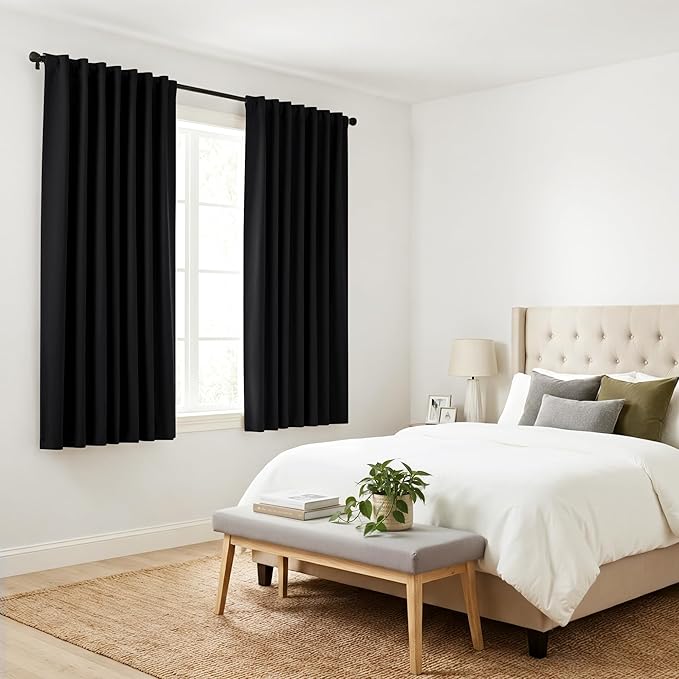 PONY DANCE Black Short Curtains for Bathroom Window, Half Drapes for Kitchen Window, loft Thermal Insulated Curtain Tiers for Bedroom/Basement, Width 29 x Length 30 inches, Black, 2 Pieces