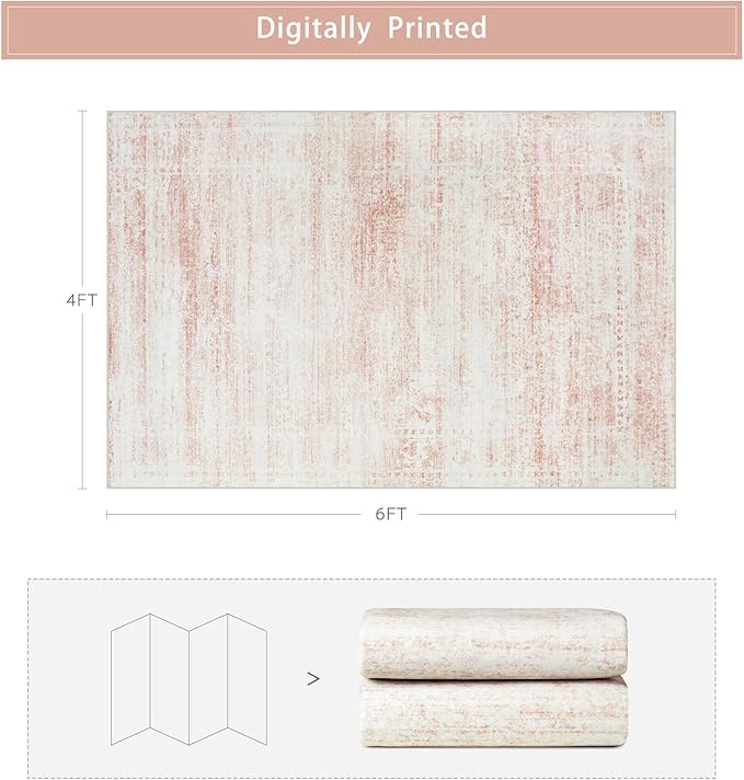 Washable Rugs 4x6 Area Rugs for Living Room,Bedroom,Kids Room,Nursery- Soft Faux Wool Small Carpets,Non Slip&Non-Shedding Low Pile Vintage Print Rugs for Enterway,Home Office Decor-Pink White