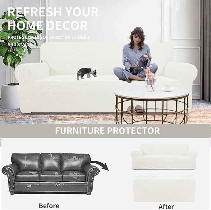 Easy-Going Stretch Chair Sofa Slipcover 1-Piece Couch Sofa Cover Furniture Protector Soft with Elastic Bottom for Kids, Pet. Spandex Jacquard Fabric Small Checks (Chair, Cream)