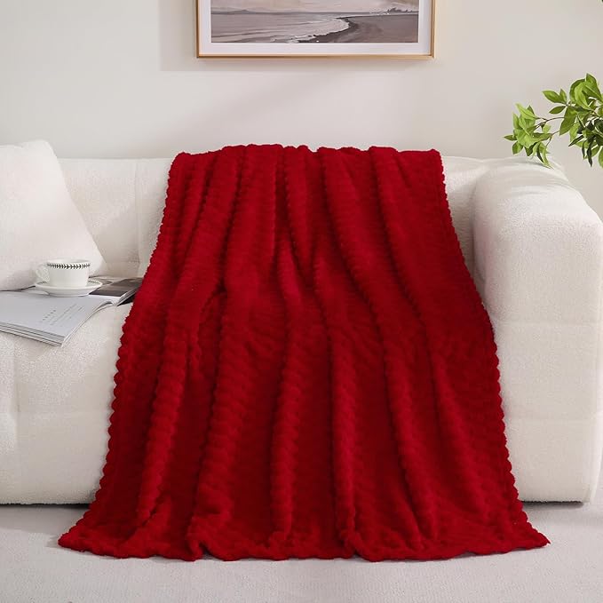 Puncuntex Red Throw Blanket 60"×80" inches Fuzzy 3D Jacquard Decorative Flannel Fleece Super Soft Plush Cozy Blanket for Couch Sofa Chair Lightweight