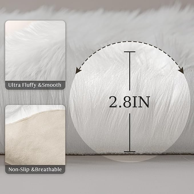 Ashler Faux Fur Rug, Fluffy Shaggy Area Rug Ultra Soft 4 x 6 Feet Rectangle Fur Rug White Fuzzy Rug Machine Washable Shag Rug, Nursery Decor Throw Rugs for Bedroom, Kids Room, Living Room