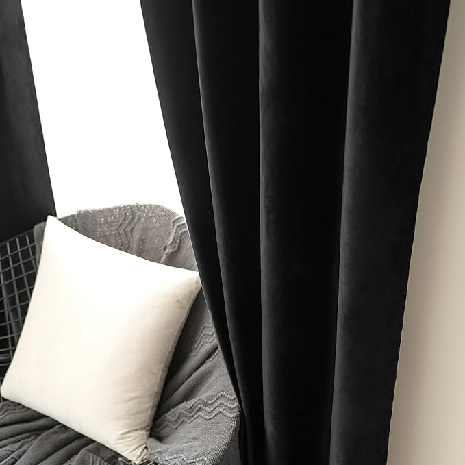 MIULEE Black Velvet Curtains 90 Inches Long Halloween Room Darkening Thermal Insulating Blackout Curtains with Grommet Top for Bedroom/Living Room Light Blocking Soundproof Set of 2