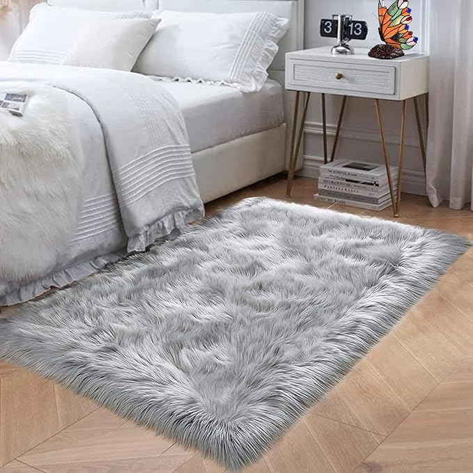 Goolela Grey Fluffy Fuzzy Rug for Bedroom Dorm 3x5 Gray Furry Faux Fur Shaggy Carpet Living Room Sheepskin Soft Plush Rectangle