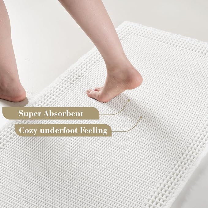 RESARE Waffle Bath Mat for Bathroom, Super Absorbent Bathroom Rugs Non Slip Machine Washable, Ultra Soft Quick Dry Boho Bath Rugs with Tassels for Floor, Upgraded Bordered Design, 18"x30" White