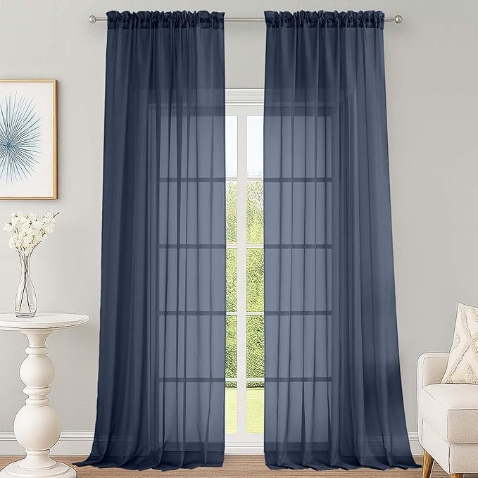 OWENIE Navy Blue Sheer Curtains 120 Inches Long 2 Panels Set, Airy Lightweight Sheer Navy Blue Curtain for Living Room Bedroom, Farmhouse Voile Filmy Rod Pocket Curtains Drapes, 2 Pcs, Each 59"Wx120"L