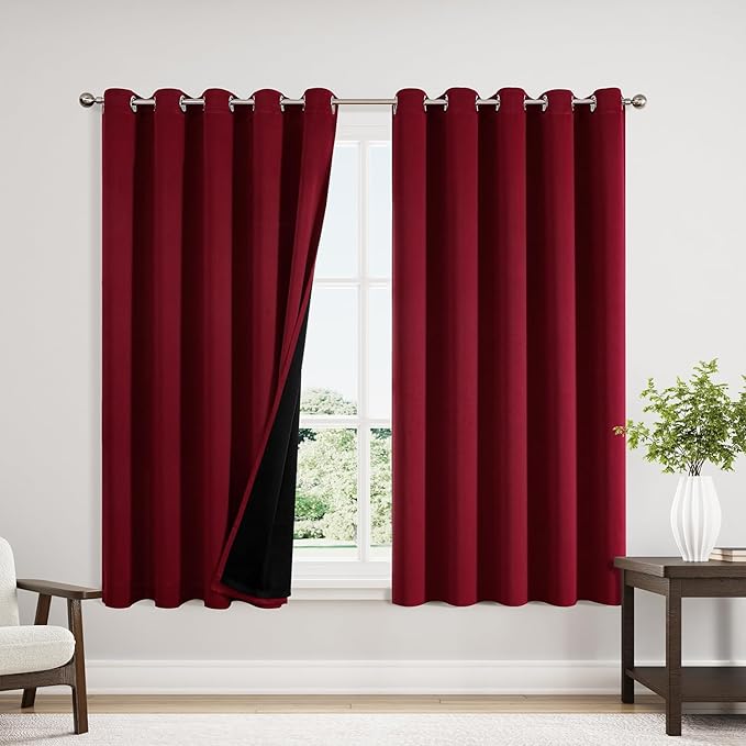 ChrisDowa 100% Blackout Curtains 63 inch Long for Bedroom with Black Liner, Extra Wide 2 Thick Layers Total Blackout Thermal Insulated Grommet Window Curtains 2 Panels Set (Burgundy, 60 x 63 Inch)