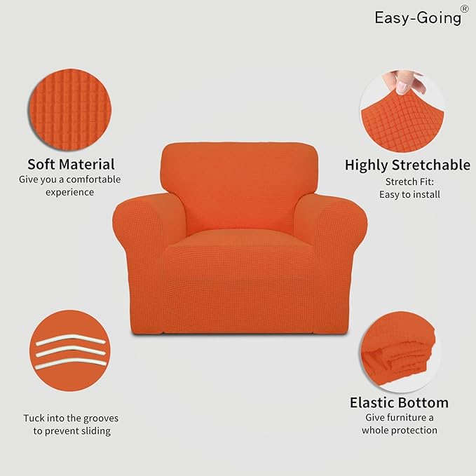 Easy-Going Stretch Chair Sofa Slipcover 1-Piece Couch Sofa Cover Furniture Protector Soft with Elastic Bottom for Kids, Pet. Spandex Jacquard Fabric Small Checks (Chair, Orange)