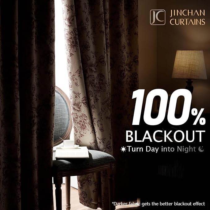 jinchan Blackout Floral Curtains for Living Room Bedroom Linen Blend Curtain Farmhouse Brick Red Printed with Lined Back Tab Rod Pocket Drapes Window Treatments 2 Panels 90 Inch