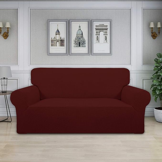 Easy-Going Stretch Oversized Loveseat Slipcover 1-Piece Sofa Cover Furniture Protector Couch Soft with Elastic Bottom for Kids Polyester Spandex Jacquard Fabric Small Checks Wine