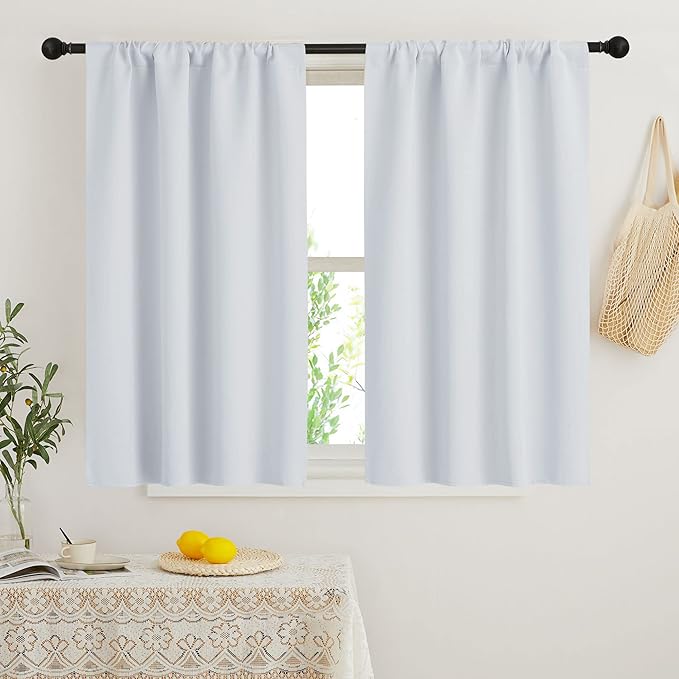 RYB HOME Short Curtains for Bedroom, Room Darkening Insulated Summer Heat Light UV Blocking Energy Saving Drapes for Nursery, Width 34 by Length 45, Greyish White, Set of 2