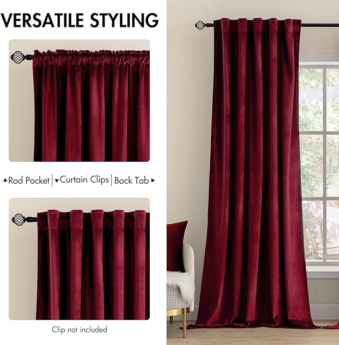MIULEE Velvet Curtains 90 inches 2 Panels Luxury Blackout Curtains for Bedroom Living Room Thermal Insulated Super Soft Christmas Window Drapes Rod Pocket & Back Tab, Burgundy Red, W 52 x L 90 inch