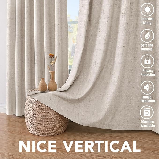 H.VERSAILTEX Polyester Blackout Curtains 96 Inches Long, 100% Absolutely Blackout Elegant Curtains for Bedroom, Thermal Insulated Linen Drapes Grommet Curtains with White Liner, 2 Panels, Natural