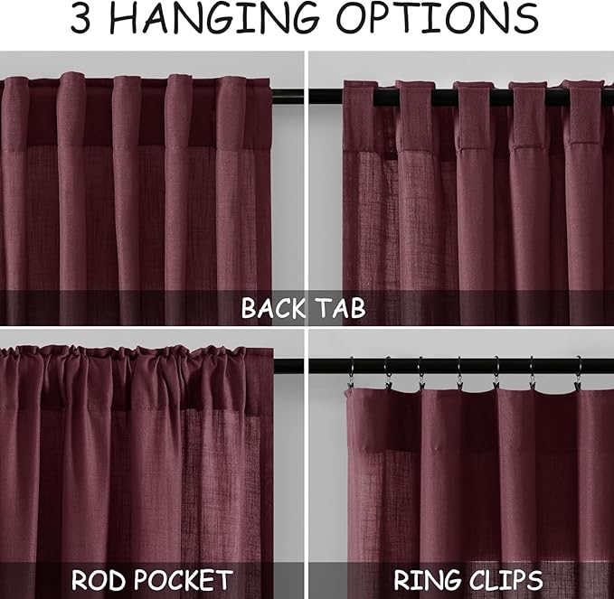Nanspring Burgundy Linen Curtains for Living Room 105 Inches Long Light Filtering Semi Sheer Curtain Back Tab Vintage Boho Decor Elegant Luxury Drapes for Bedroom Dinner Room 52x105, 2 Panels