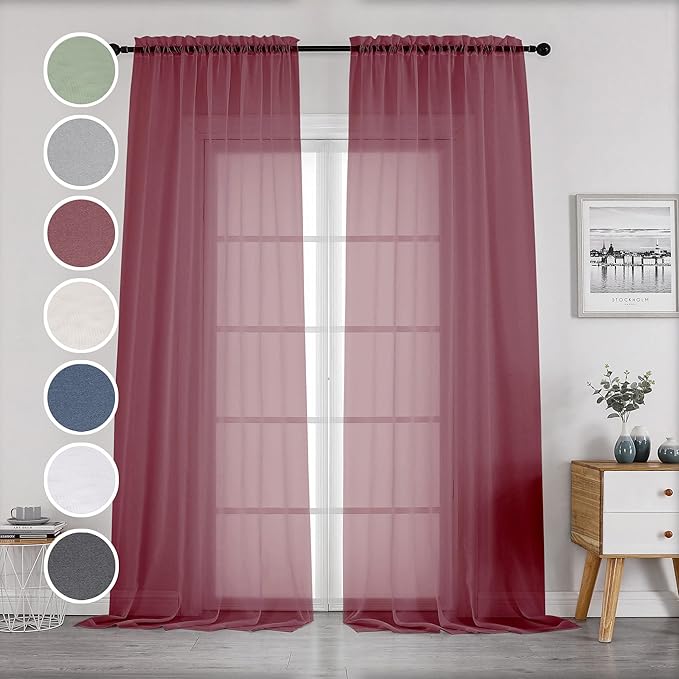 OWENIE Sheer Curtains 96 Inch Long, Elegant Sheer Curtains for Bedroom, Window Voile Sheer Curtain Panels/Drapes/Treatment for Living Room, 2Pcs, Each 42" W x 96" L, Burgundy