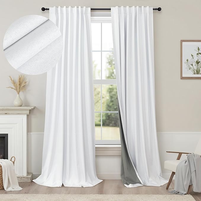 Blackout Curtains 92 Inches Long 2 Panels Set Modern Farmhouse Style Privacy Lightweight Black Out White Curtains & Drapes for Bedroom Aesthetic Dining Room Closet Door Cotton Linen Textured 92 length