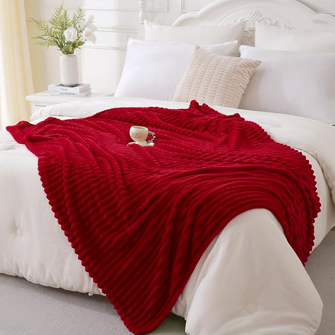 Red Fleece Throw Blanket 108”×90” for Couch Sofa Bed,Super Soft Cozy Plush Microfiber Flannel Blanket with Stripes Design Lightweight for Adults,Woman,Girls