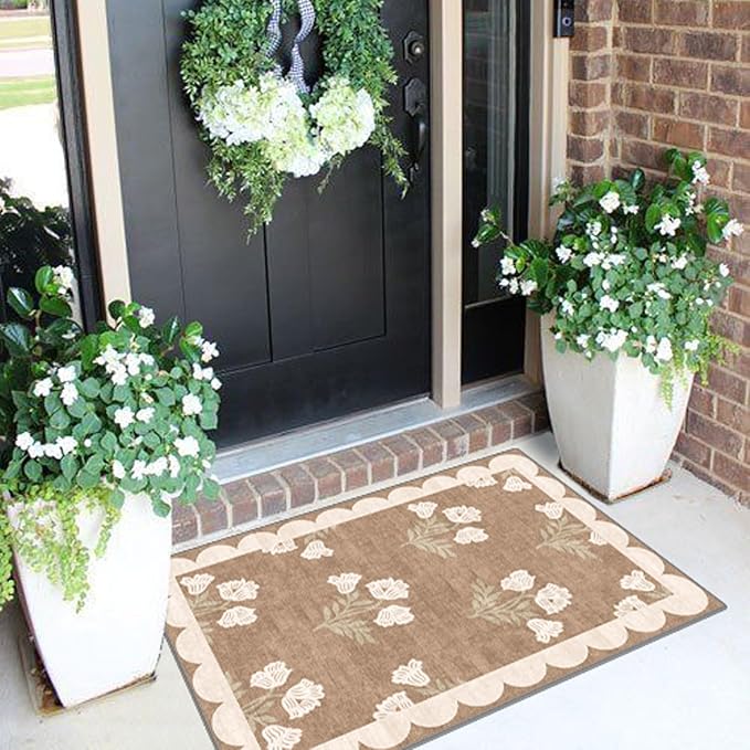 Front Door Mat Outside Entrance - 2x3 Floral Non-Slip Washable Doormat Indoor Outdoor Mat Tan Neutral Farmhouse Scalloped Entry Rug Small Throw Rugs for Entryway Kitchen Front Porch Decor