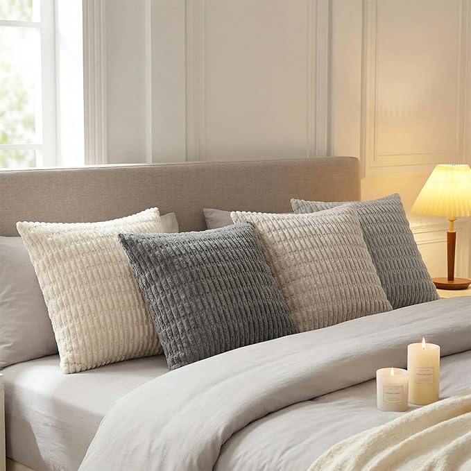Fancy Homi Set of 4 Grey and White Boho Decorative Throw Pillow Covers 24x24 Inch for Couch Bed Sofa, Aesthetic Modern Bohemian Room Decor, Soft Fuzzy Fluffy Cozy Corduroy Cushion Case 60x60cm