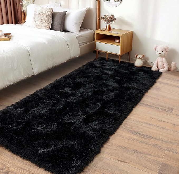 Pionblank Fluffy Runner Rugs for Bedroom 2x6, Modern Shaggy Area Rug for Hallway Living Room, Plush Soft Fuzzy Bedside Carpet for Kids Girls Boys Room Nursery Decor, Black